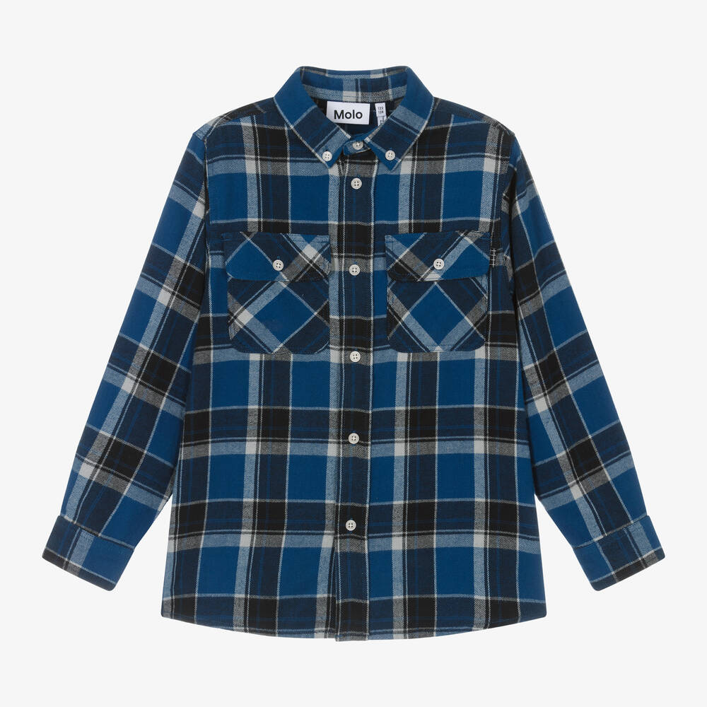 Molo - Boys Blue Check Flannel Shirt | Childrensalon