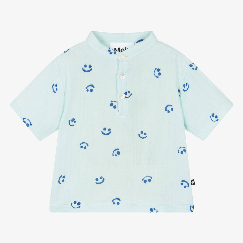 Molo - Boys Blue Cheesecloth Happy Shirt | Childrensalon