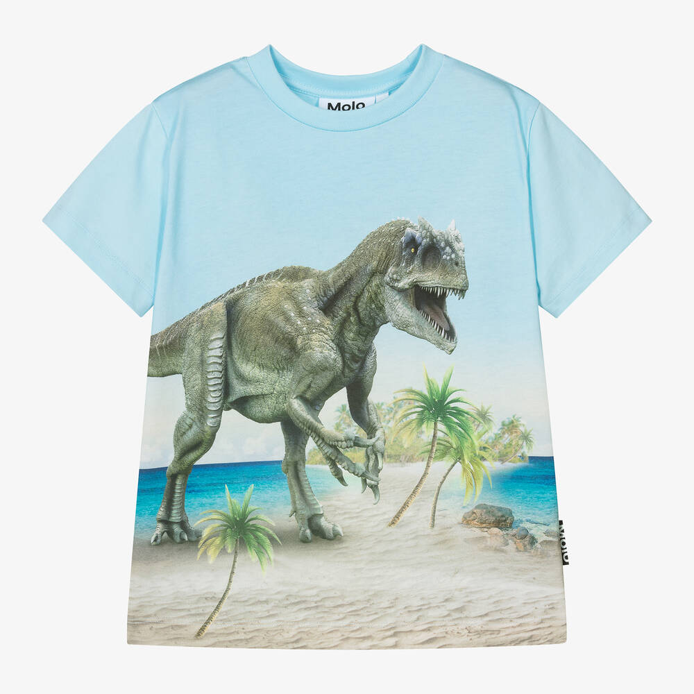 Molo - Boys Blue Cotton Dinosaur Print T-Shirt | Childrensalon