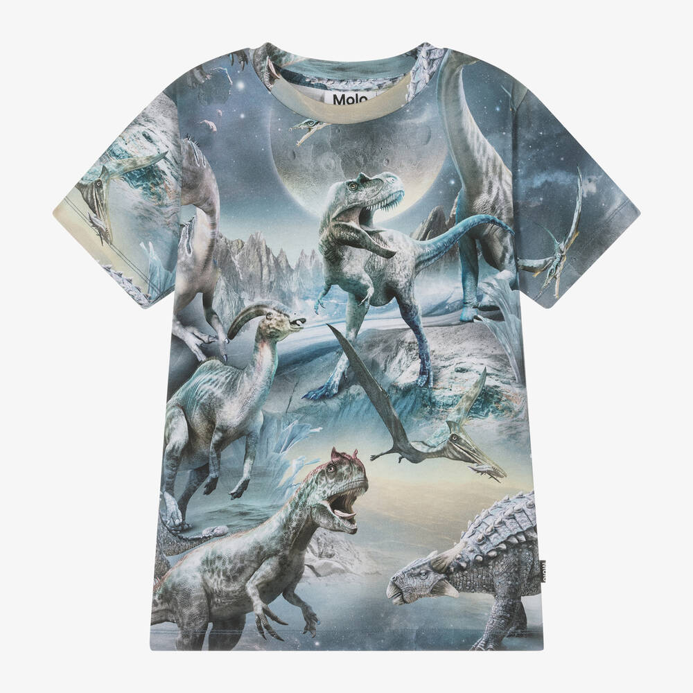 Molo - Boys Blue Cotton Dinosaur Print T-Shirt | Childrensalon