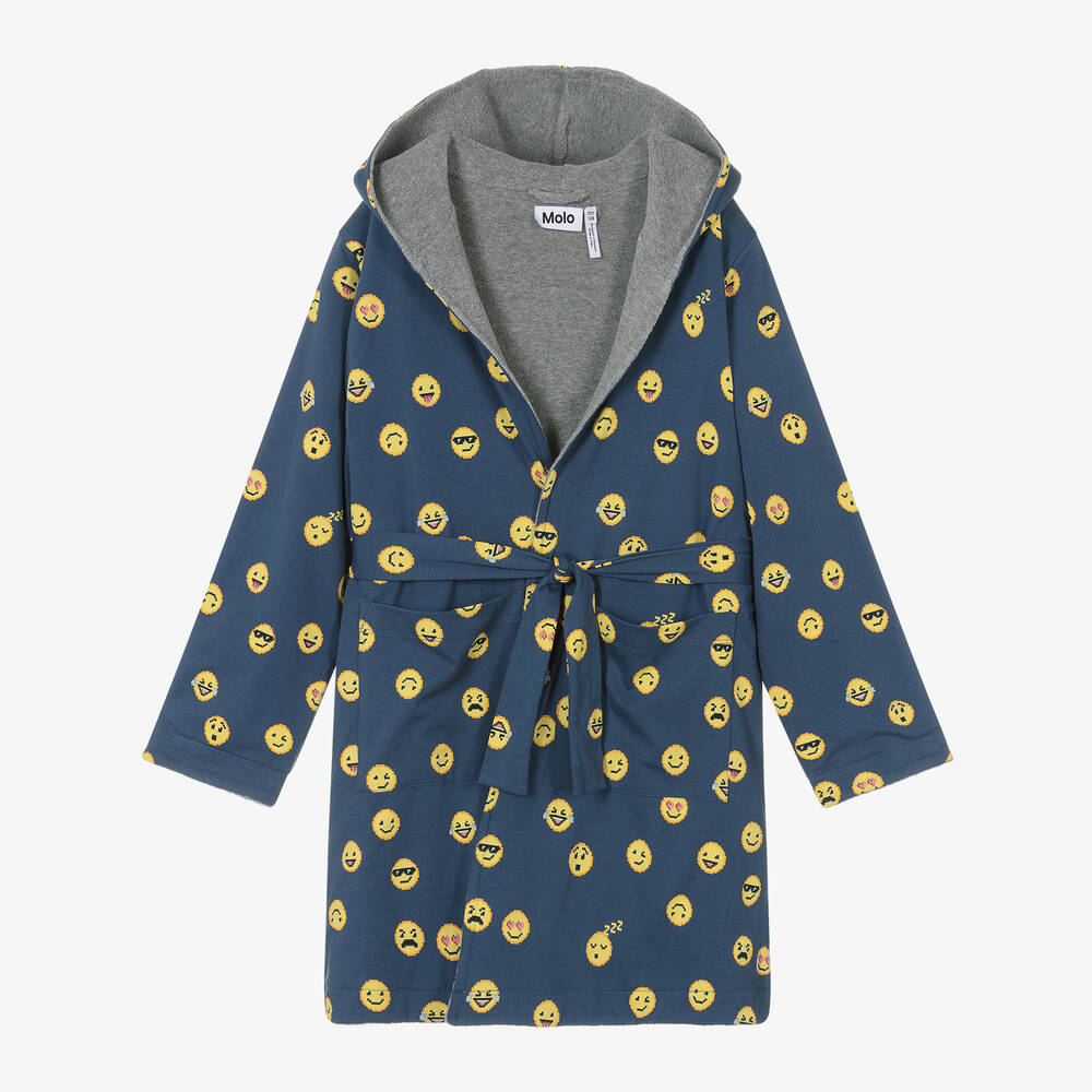 Molo - Boys Blue Cotton Emoji Dressing Gown | Childrensalon