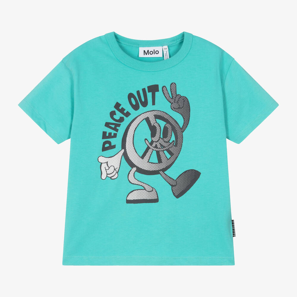 Molo - Boys Blue Cotton 'Peace Out' T-Shirt | Childrensalon