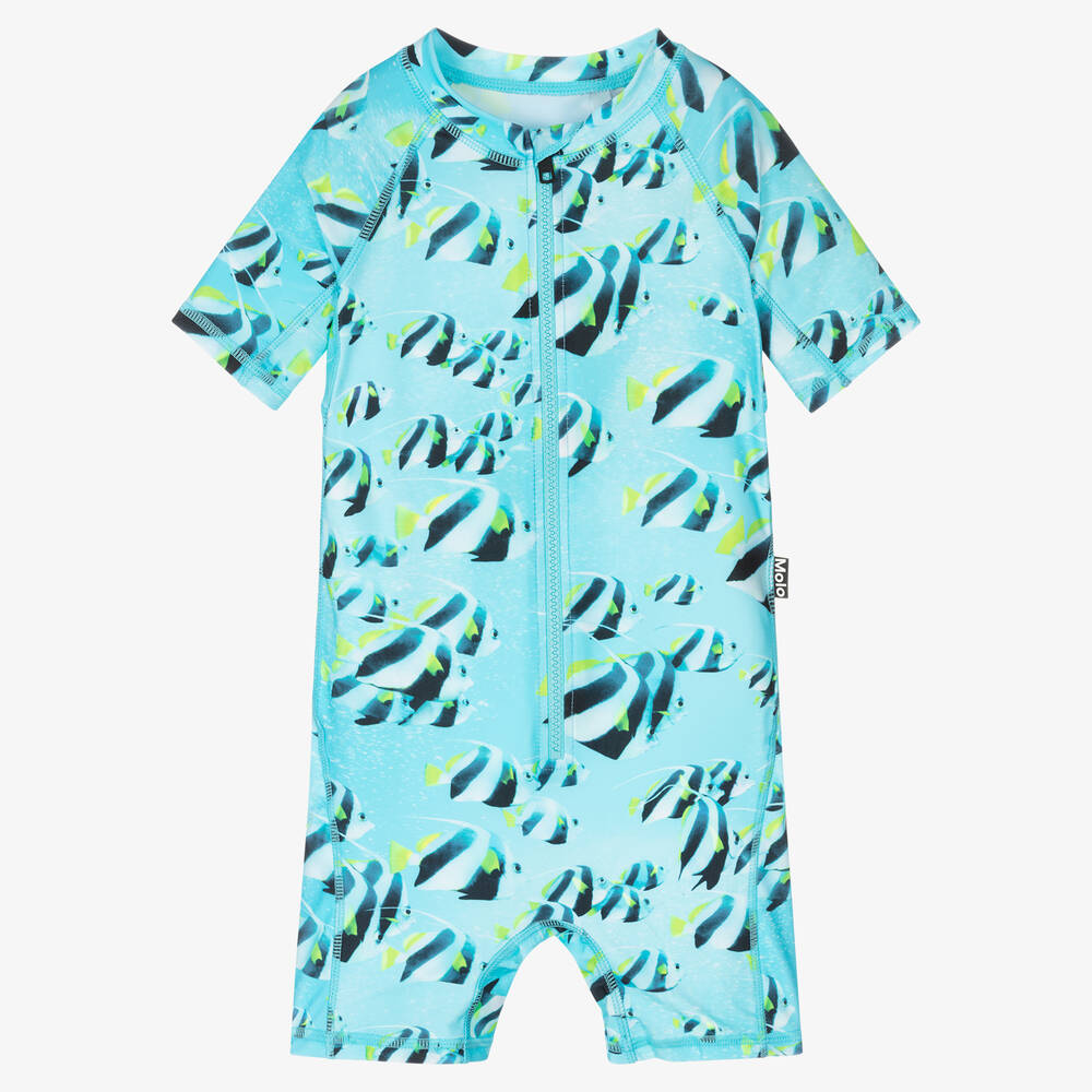 Molo - Boys Blue Fish Print Sun Suit (UPF 50+) | Childrensalon