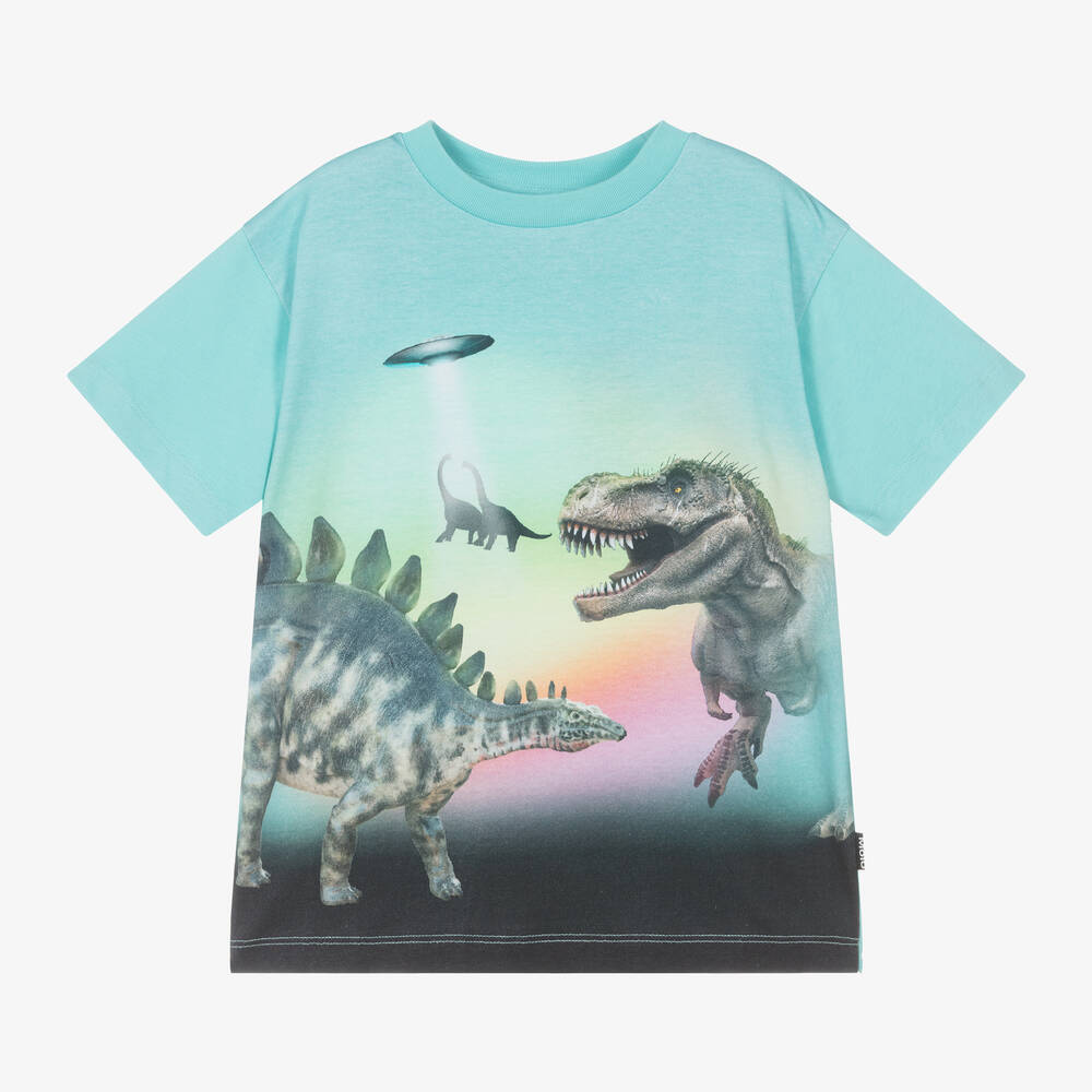 Shop Molo Boys Blue Organic Cotton Dinosaur T-shirt