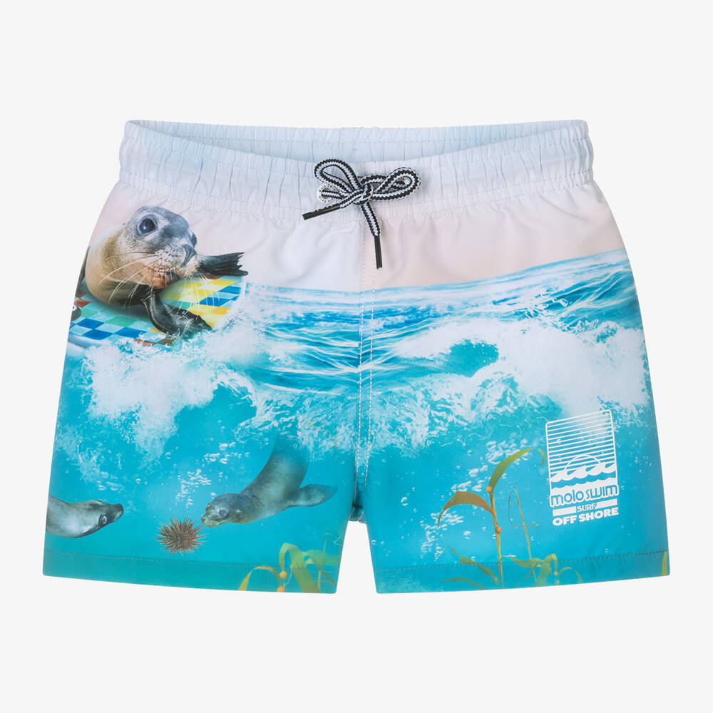 Molo - Boys Blue Sea Lion Swim Shorts (UPF50+) | Childrensalon