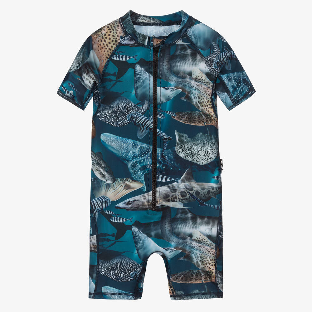 Molo - Boys Blue Shark Sun Suit (UPF50+) | Childrensalon
