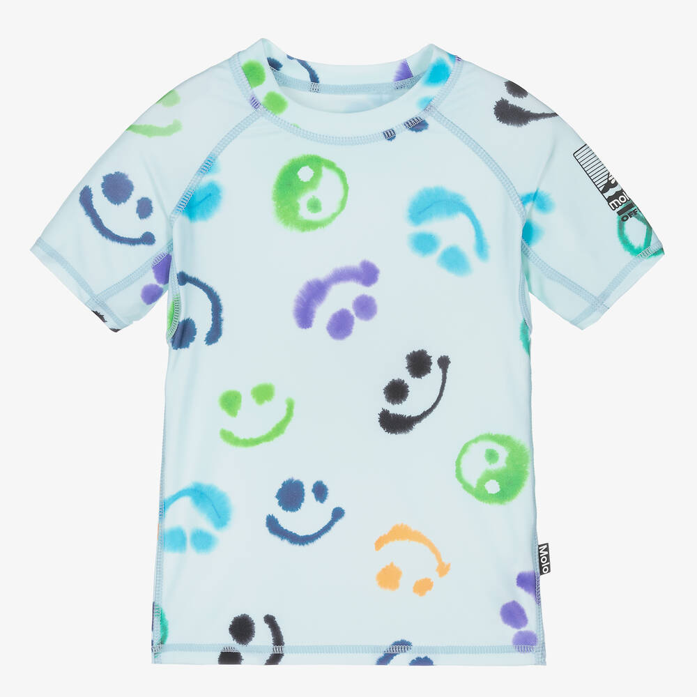 Molo - Boys Blue Smiling Face Swim Top (UPF50+) | Childrensalon