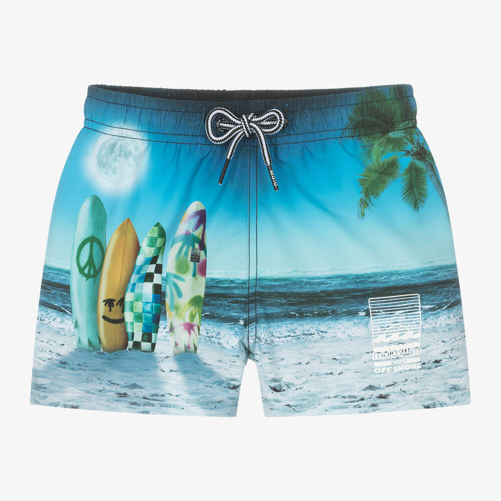 Molo - Boys Blue Surf Print Swim Shorts (UPF50+) | Childrensalon