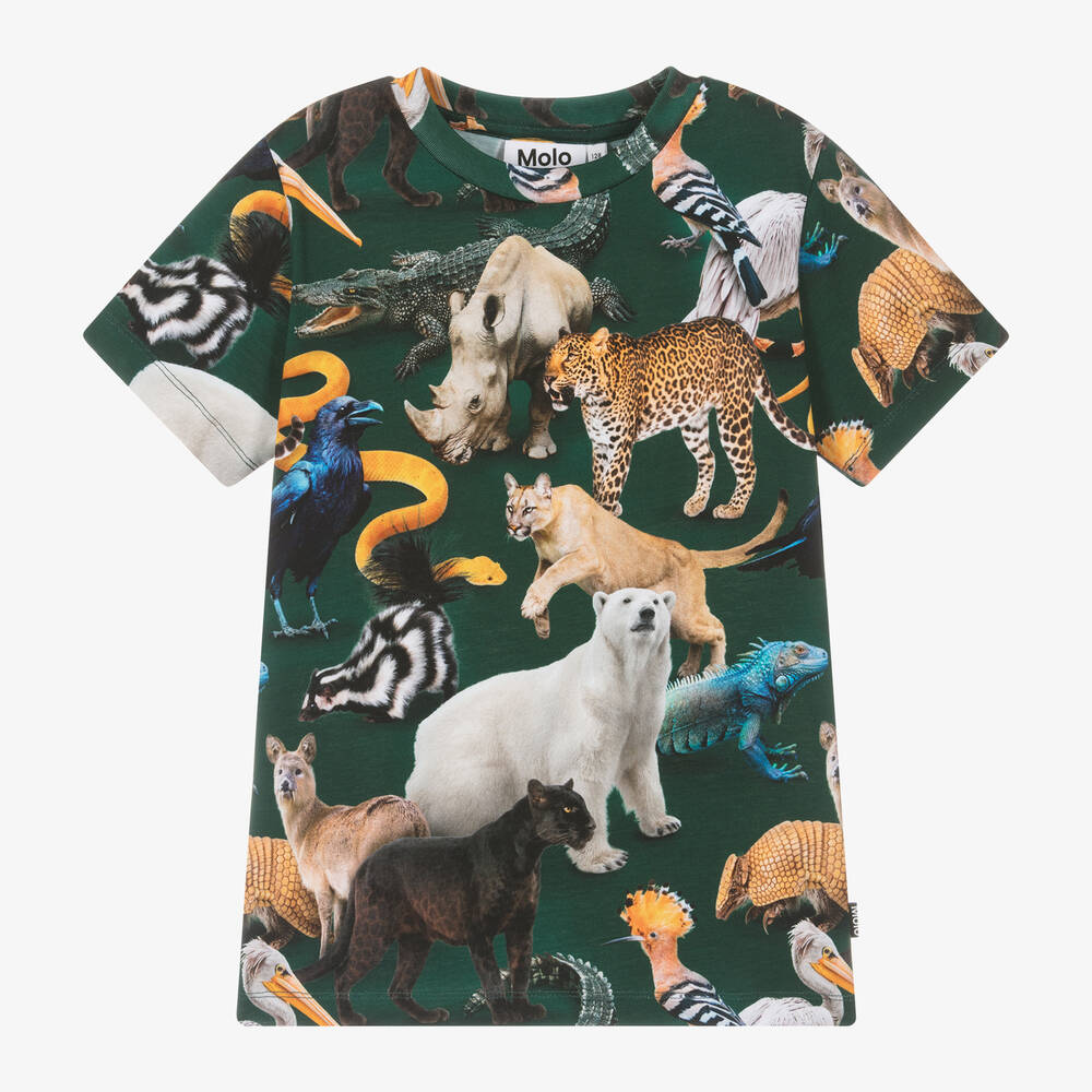 Molo - Boys Green Cotton Animal Print T-Shirt | Childrensalon