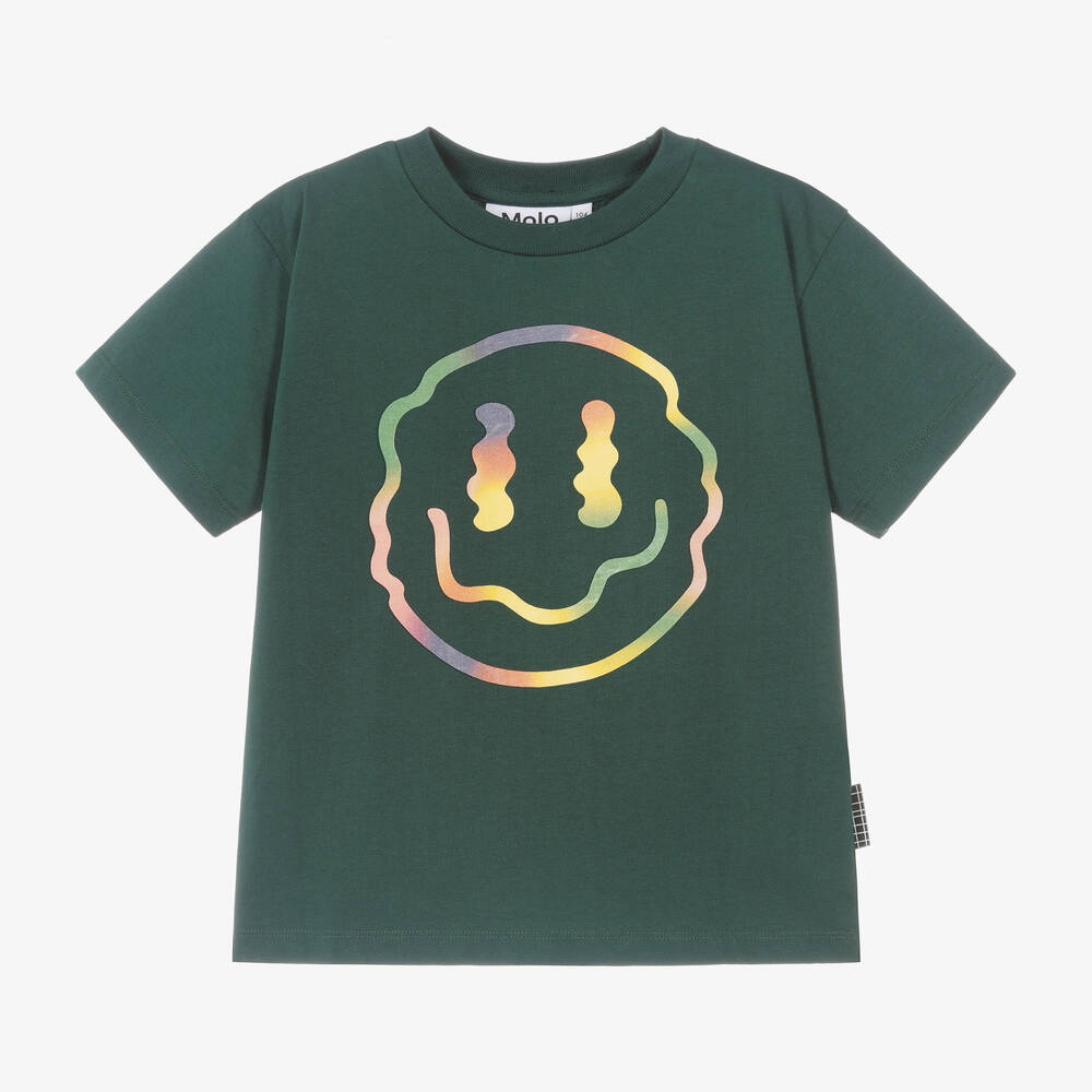 Molo - Boys Green Cotton Happy Face T-Shirt | Childrensalon