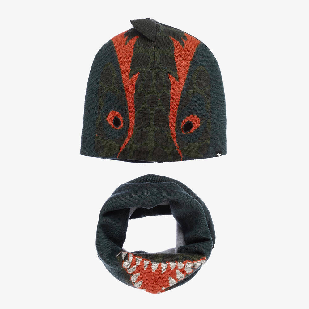 Molo - Boys Green Knit Dinosaur Hat & Snood Set | Childrensalon