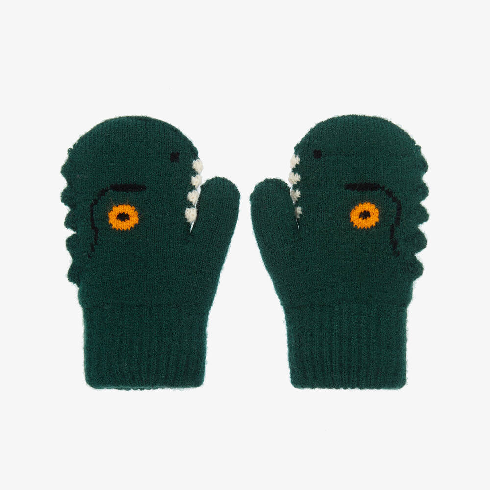 Molo - Boys Green Knitted Dinosaur Mittens | Childrensalon