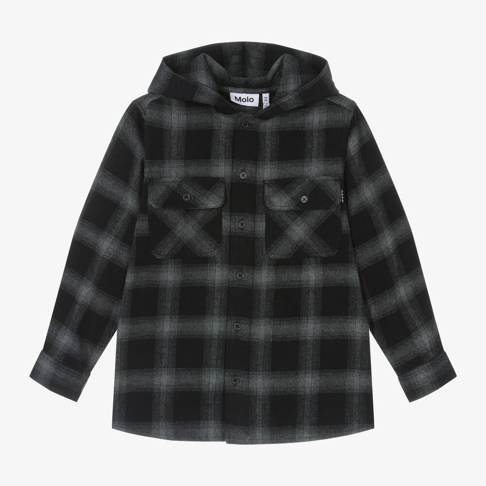 Molo - Boys Grey Hooded Cotton Check Shirt | Childrensalon