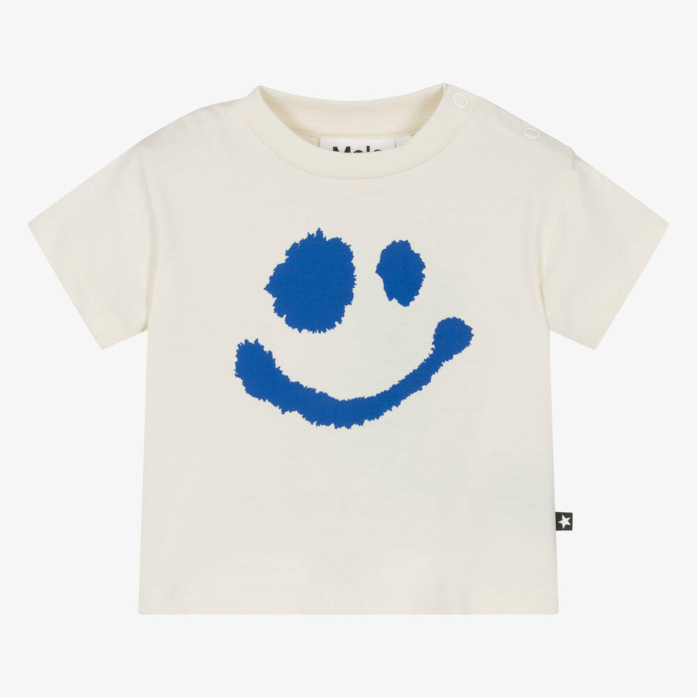 Molo - Boys Ivory Cotton Happy T-Shirt | Childrensalon