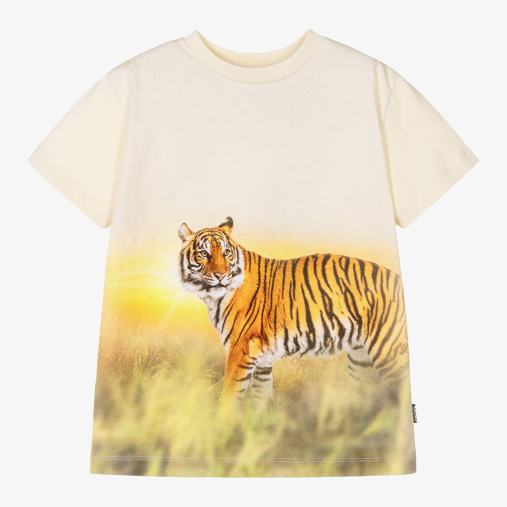 Molo - Boys Ivory Cotton Tiger Print T-Shirt | Childrensalon