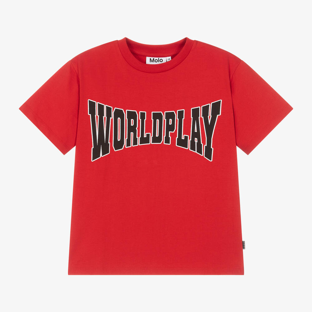 Molo - Boys Red Cotton World Play T-Shirt | Childrensalon