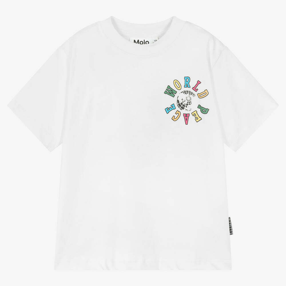 Molo - Boys White Cotton World Peace T-Shirt | Childrensalon