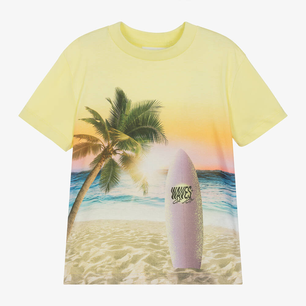 Molo - Boys Yellow Cotton Surf-Print T-Shirt | Childrensalon