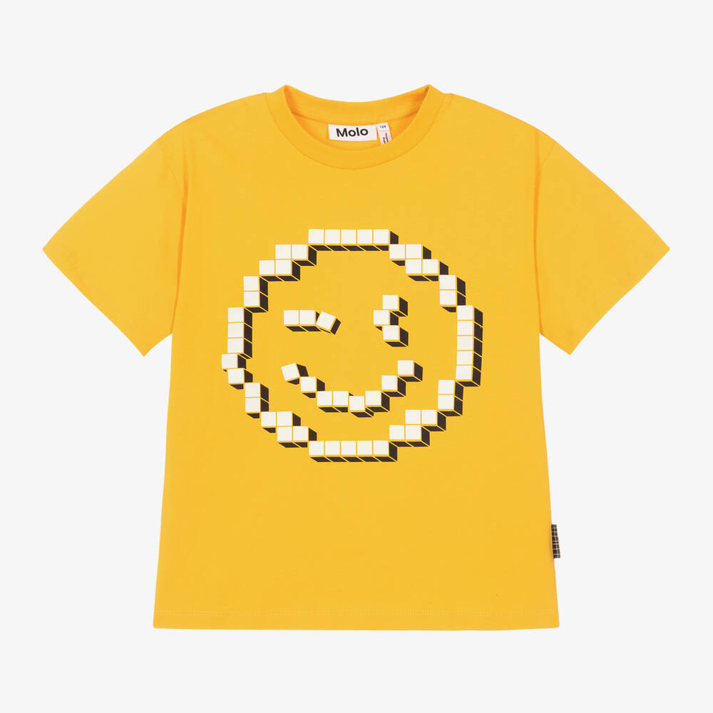 Molo - Boys Yellow Cotton Winking Emoji T-Shirt | Childrensalon