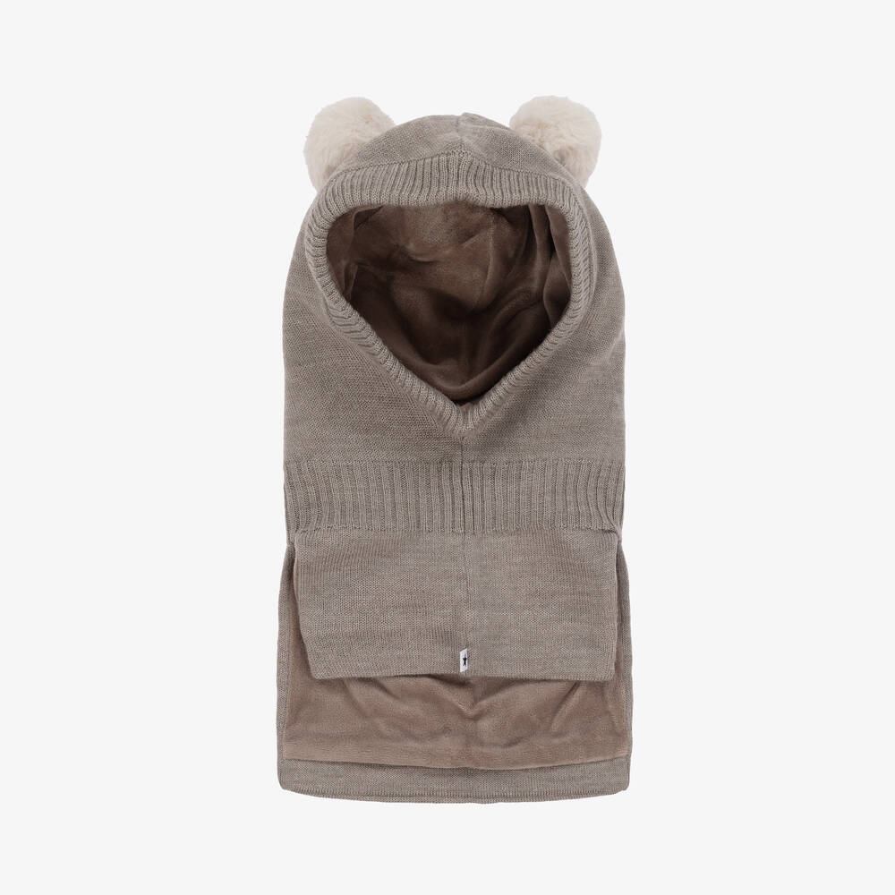 Molo - Brown Wool Knit Pom-Pom Balaclava | Childrensalon