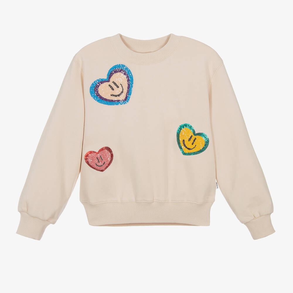 Molo - Girls Beige Cotton Sequin Heart Sweatshirt | Childrensalon