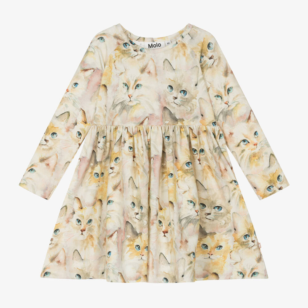 Molo - Girls Beige Kitten Cotton Dress | Childrensalon