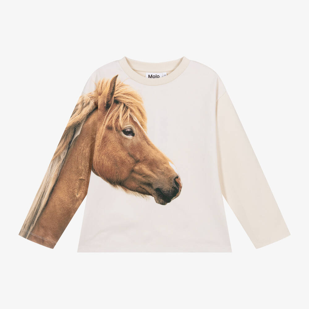 Molo - Girls Beige Organic Cotton Pony Sweatshirt | Childrensalon