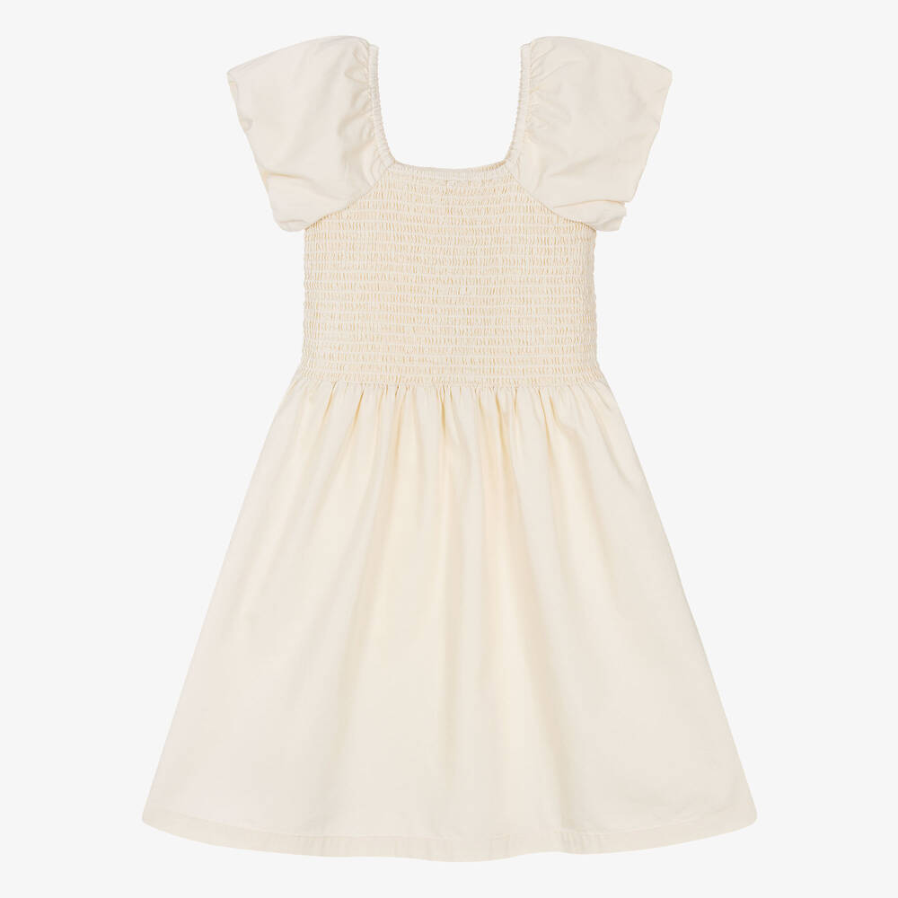Molo - Girls Beige Shirred Organic Cotton Dress | Childrensalon