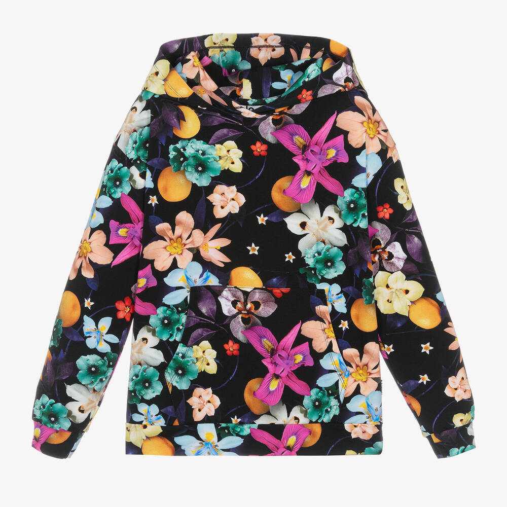 Molo - Girls Black Cotton Floral Hoodie | Childrensalon