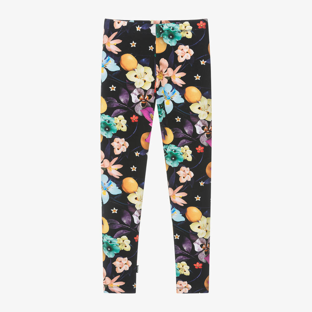 Molo - Girls Black Cotton Floral Leggings | Childrensalon