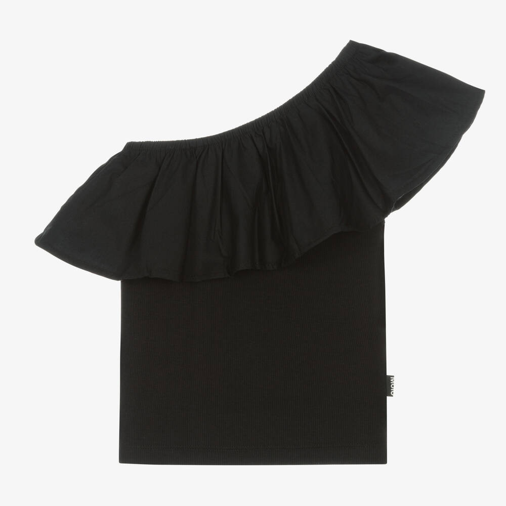 Molo - Girls Black Cotton One-Shoulder Top | Childrensalon