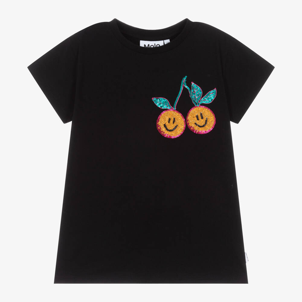 Molo - Girls Black Cotton Sequin Cherry T-Shirt | Childrensalon