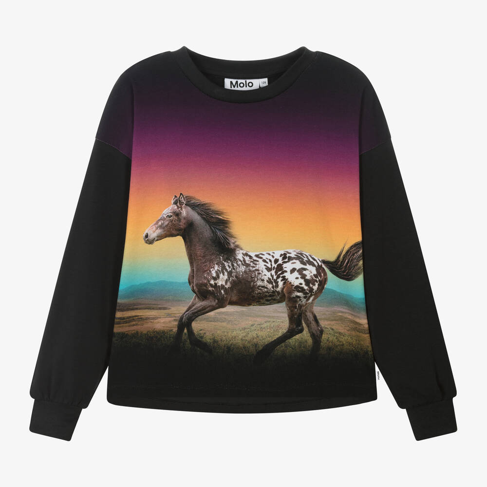 Molo - Girls Black Organic Cotton Horse Top | Childrensalon