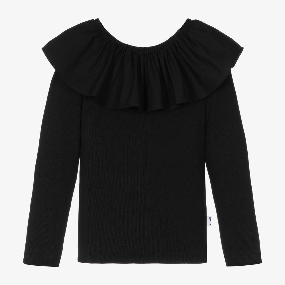 Molo - Girls Black Organic Cotton Ruffle Top | Childrensalon