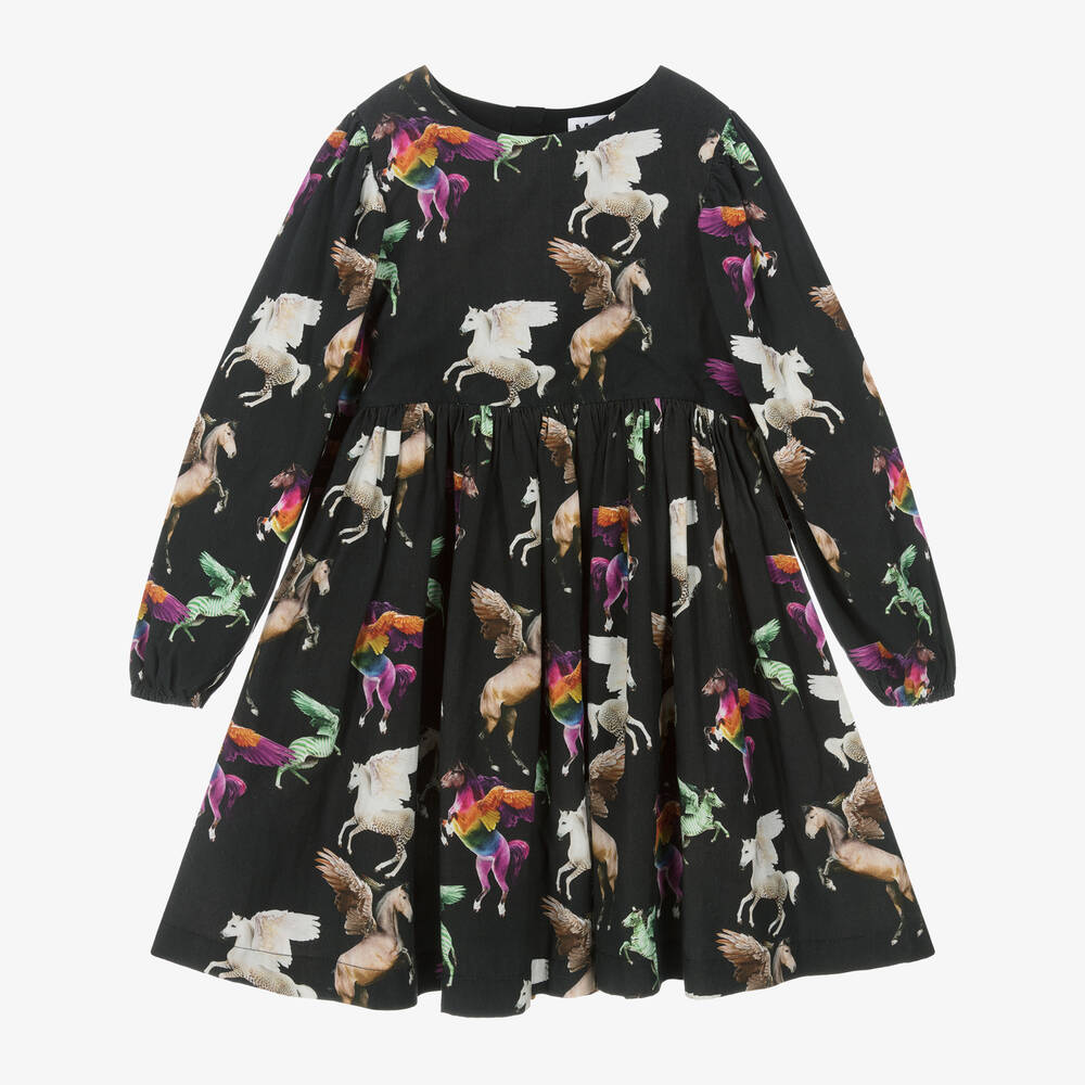 Molo - Girls Black Viscose Pegasus Print Dress | Childrensalon