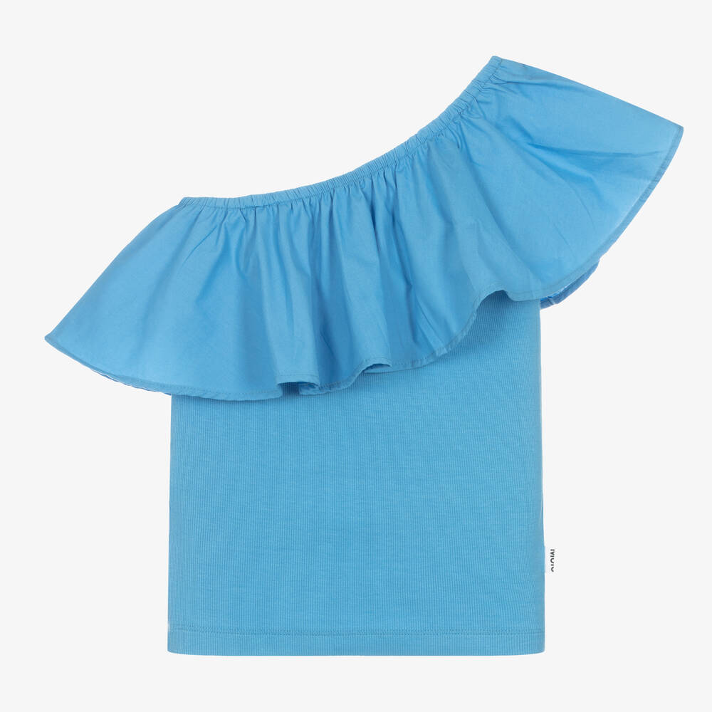 Shop Molo Girls Blue Cotton One-shoulder Top