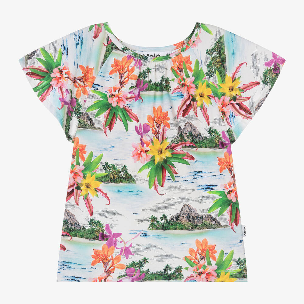 Molo - Girls Blue Cotton Tropical Print T-Shirt | Childrensalon