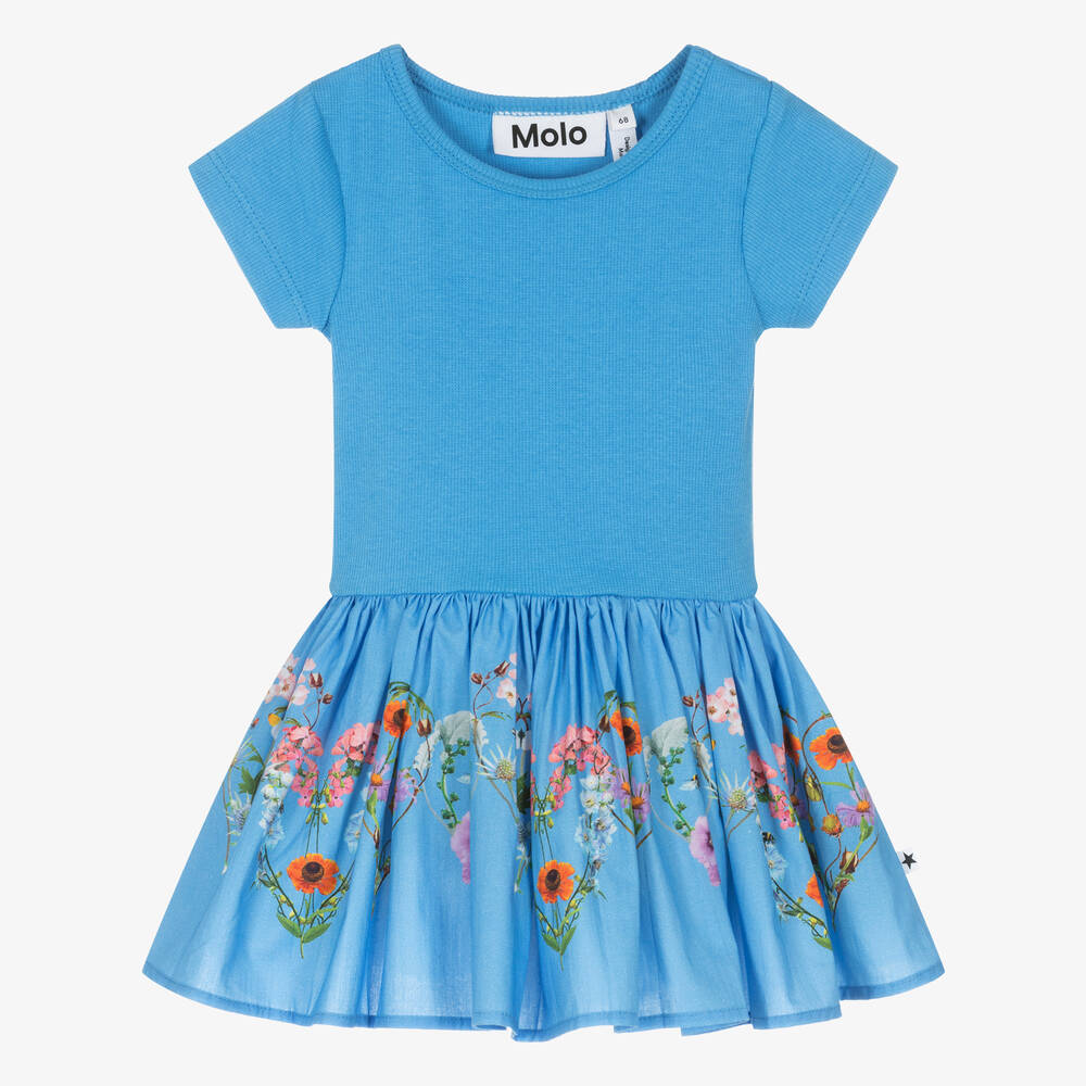 Molo - فستان أطفال بناتي قطن عضوي لون أزرق بطبعة ورود | Childrensalon