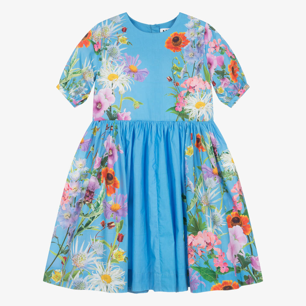 Molo - Girls Blue Floral Organic Cotton Dress  | Childrensalon