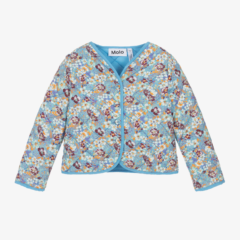 Molo - Голубая стеганая куртка из хлопка с цветами для девочек | Childrensalon