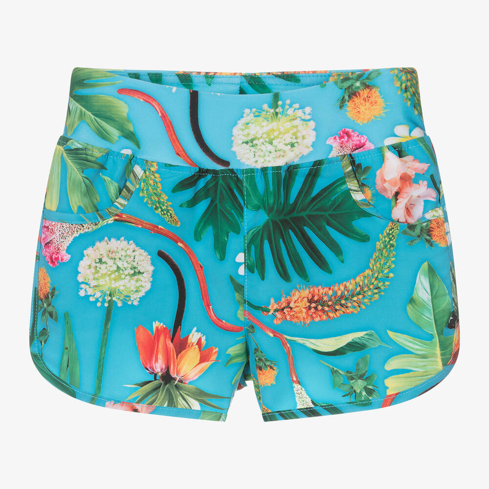 Molo - Girls Blue Floral Swim Shorts (UPF50+) | Childrensalon