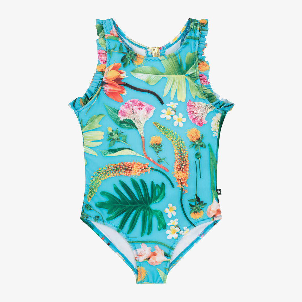 Molo - Girls Blue Flowers Swimsuit (UPF50+) | Childrensalon