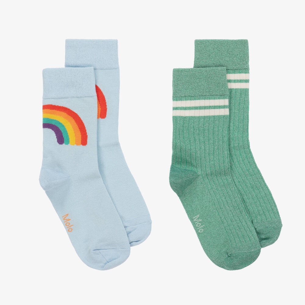 Molo - Girls Blue & Green Cotton Ankle Socks (2 Pack) | Childrensalon