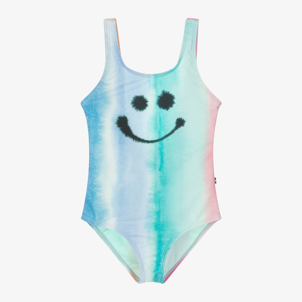 Molo - Girls Blue Happy Face Swimsuit (UPF50+) | Childrensalon
