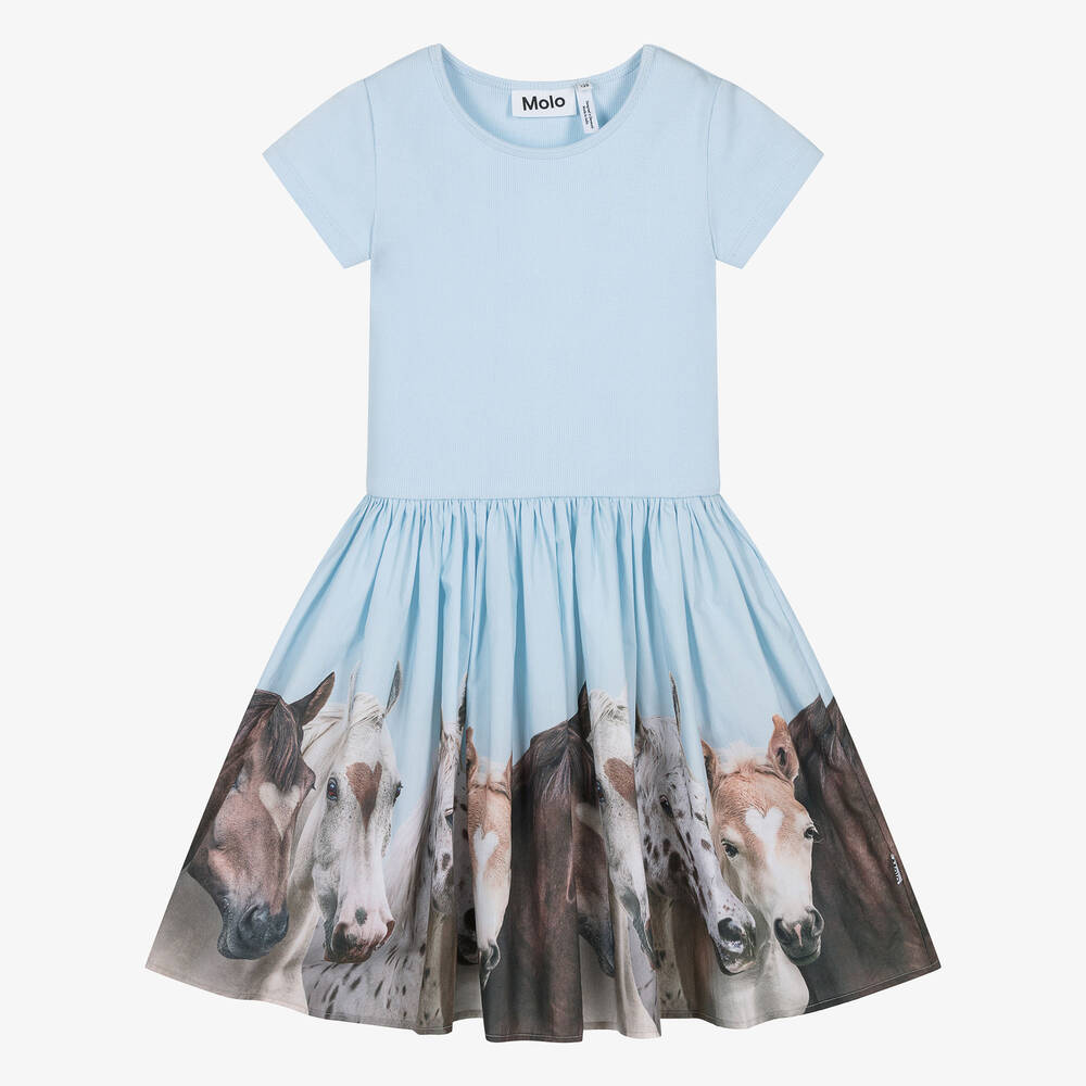 Molo - Girls Blue Horse Organic Cotton Dress | Childrensalon