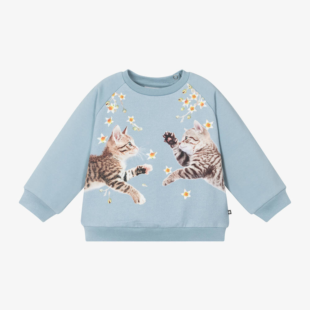 Molo - Girls Blue Kitten Cotton Sweatshirt | Childrensalon