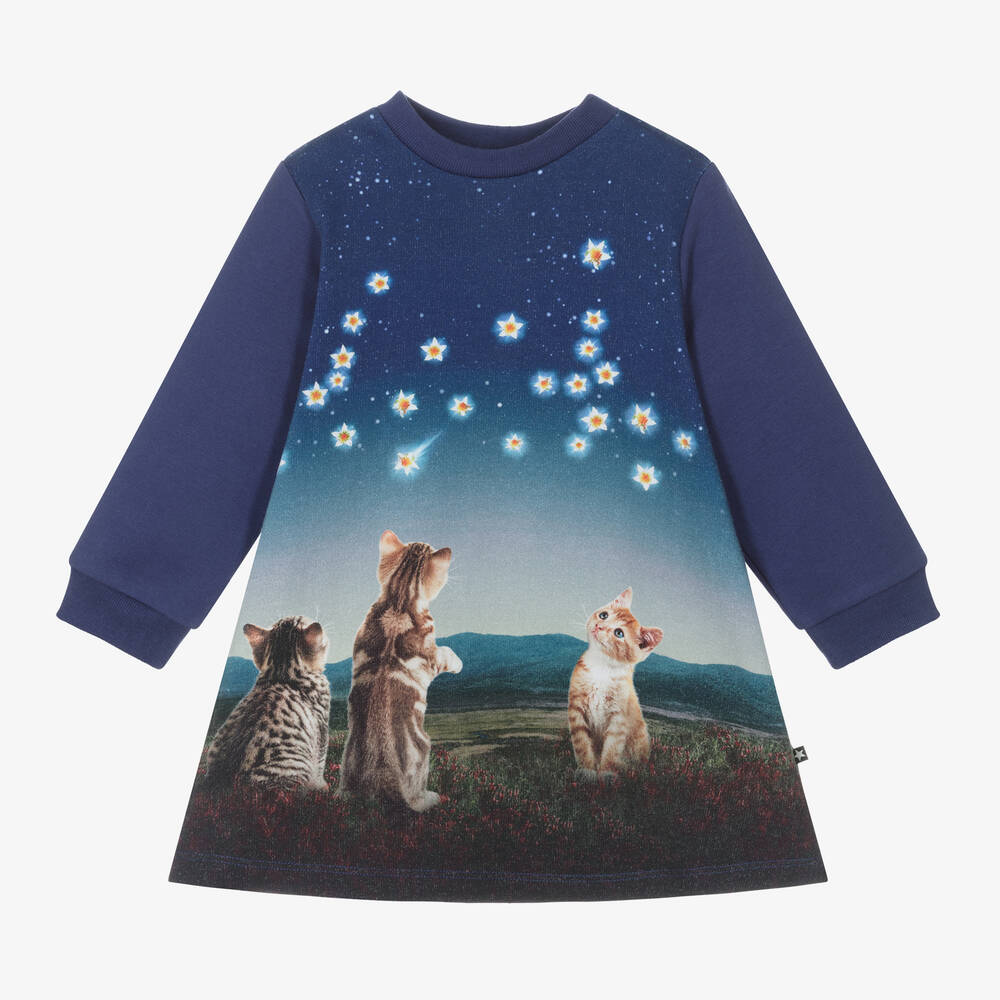 Molo - Girls Blue Kitten Organic Cotton Dress | Childrensalon