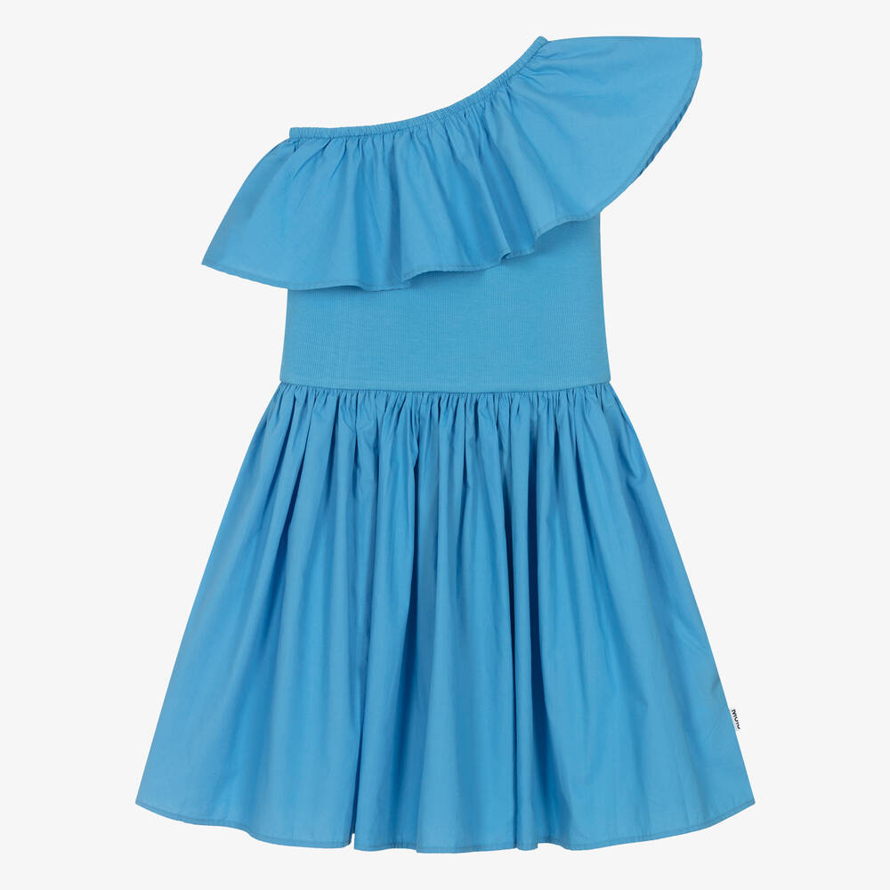 Shop Molo Girls Blue Organic Cotton One Shoulder Dress