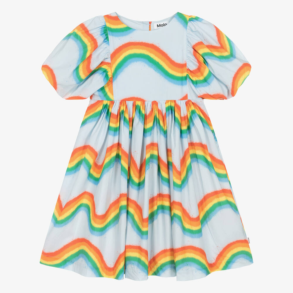 Molo - Girls Blue Organic Cotton Rainbow Dress | Childrensalon