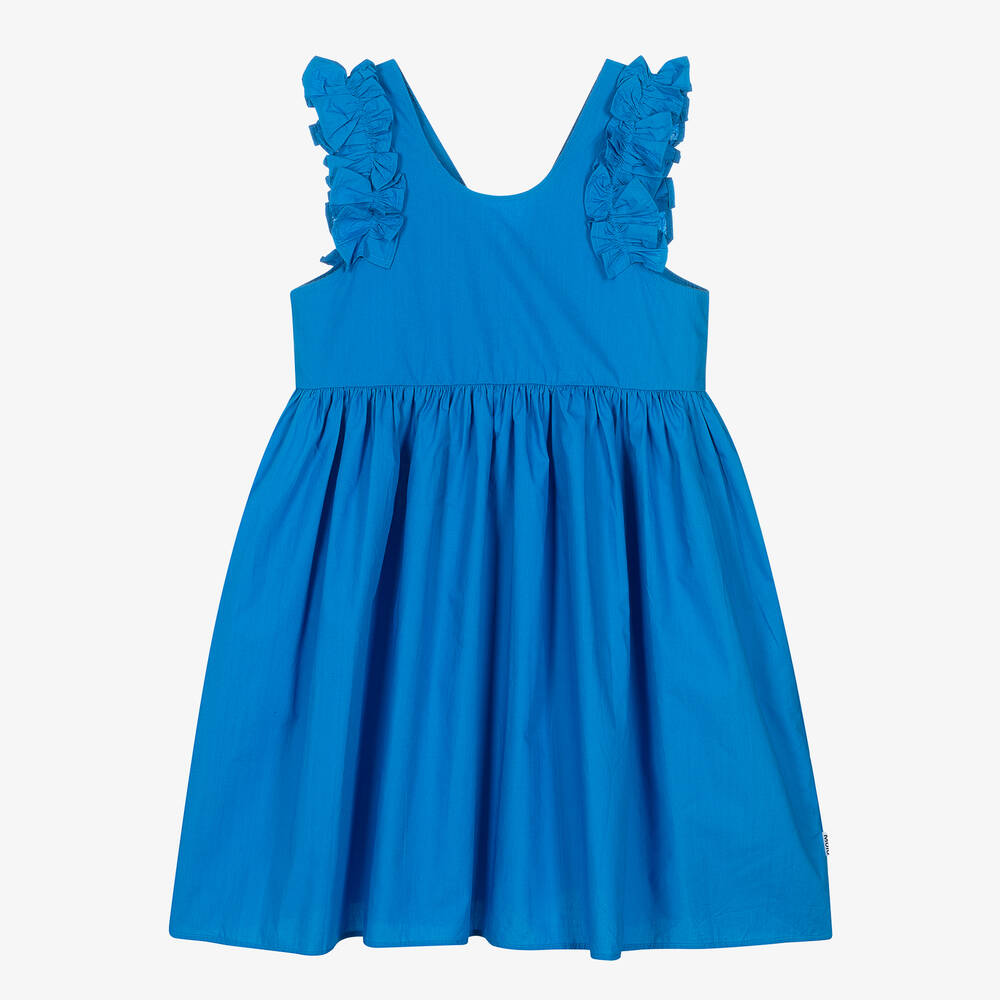 Molo - Girls Blue Organic Cotton Ruffle Dress | Childrensalon